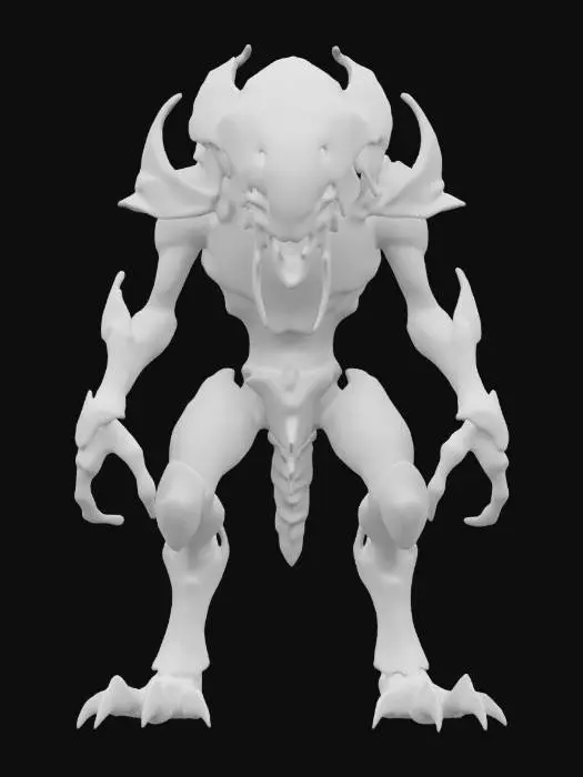 3D model for space enemy alien, beetle-like body with lots of folds, body covered in metal-plastic, dark look and beetle-like large mouth, technological clothing, body parts glowing, extremely details, high resolution texture, epic stance