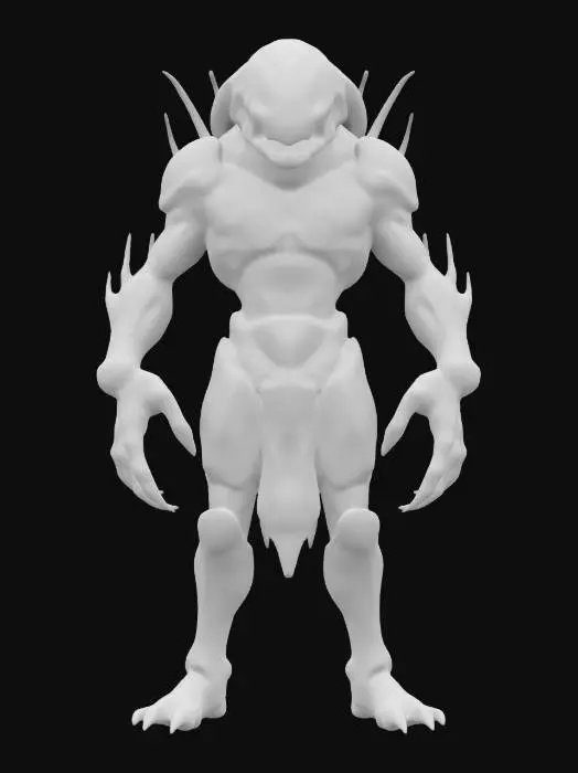 3D model for space enemy alien, beetle-like body with lots of folds, body covered in metal-plastic, dark look and beetle-like large mouth, technological clothing, body parts glowing, extremely details, high resolution texture, epic stance