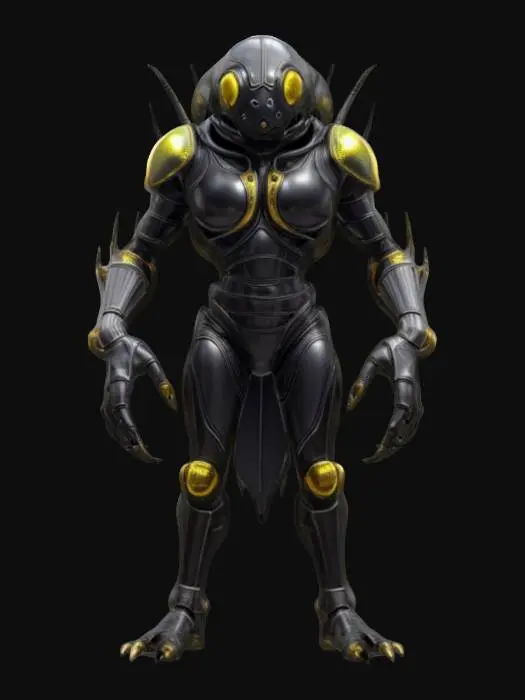 3D model for space enemy alien, beetle-like body with lots of folds, body covered in metal-plastic, dark look and beetle-like large mouth, technological clothing, body parts glowing, extremely details, high resolution texture, epic stance