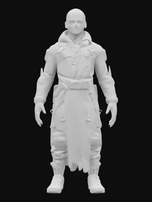 3D model for virtual holographic magician, intangible body just a lined image 3d hologram visualization, partially transparent, disturbing elements in the image, technical clothing, bony face, monumental stance, extremely details, high resolution texture, epic stance