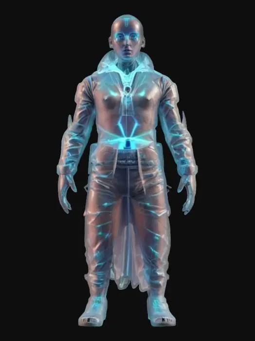 3D model for virtual holographic magician, intangible body just a lined image 3d hologram visualization, partially transparent, disturbing elements in the image, technical clothing, bony face, monumental stance, extremely details, high resolution texture, epic stance