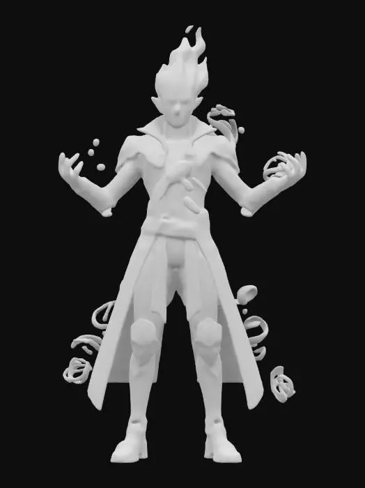 3D model for virtual magician, body composed of elemental particles, particles shoot out of the body, technical elegant clothing, hard machine face, monumental stance, extremely detailed, high resolution texture, epic stance