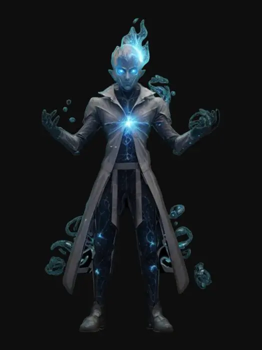 3D model for virtual magician, body composed of elemental particles, particles shoot out of the body, technical elegant clothing, hard machine face, monumental stance, extremely detailed, high resolution texture, epic stance