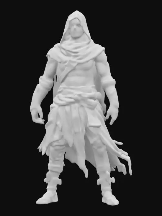3D model for fantasy desert warrior, body slim and well-developed, body covered in torn clothes, rags of clothes fluttering all around in the wind, veiled face with high detail, extremely details, high resolution texture, epic stance