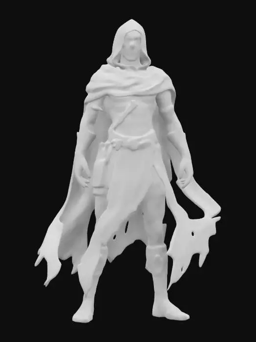 3D model for fantasy desert warrior, body slim and well-developed, body covered in torn clothes, rags of clothes fluttering all around in the wind, veiled face with high detail, extremely details, high resolution texture, epic stance