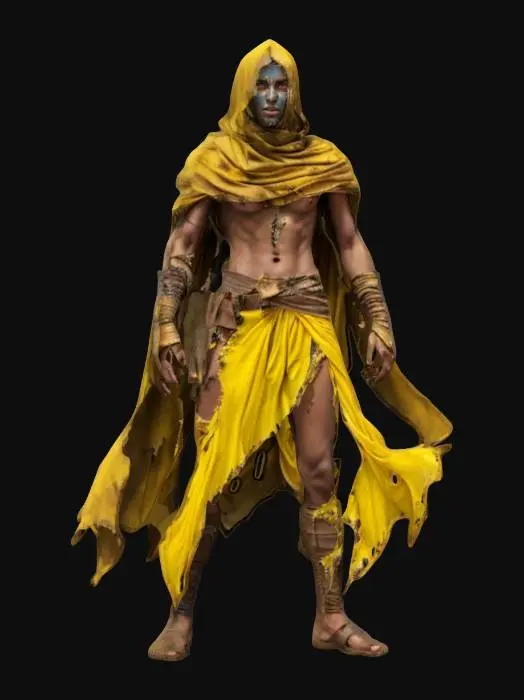 3D model for fantasy desert warrior, body slim and well-developed, body covered in torn clothes, rags of clothes fluttering all around in the wind, veiled face with high detail, extremely details, high resolution texture, epic stance