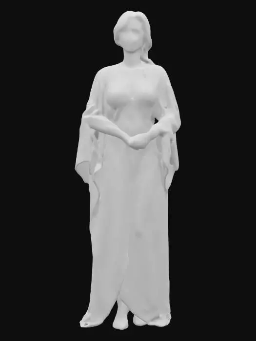 3D model for sci-fi female seer, elegant and beautiful body, dressed in a simple flowing robe, arms around body or on hips or resting on torso, styled hair, detailed face of female, extremely detailed high-resolution texture, epic god stance, #game figure#