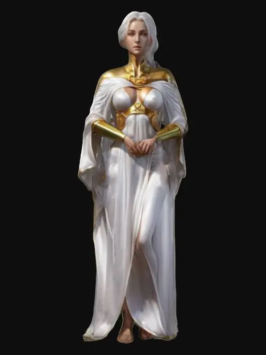 3D model for sci-fi female seer, elegant and beautiful body, dressed in a simple flowing robe, arms around body or on hips or resting on torso, styled hair, detailed face of female, extremely detailed high-resolution texture, epic god stance, #game figure#