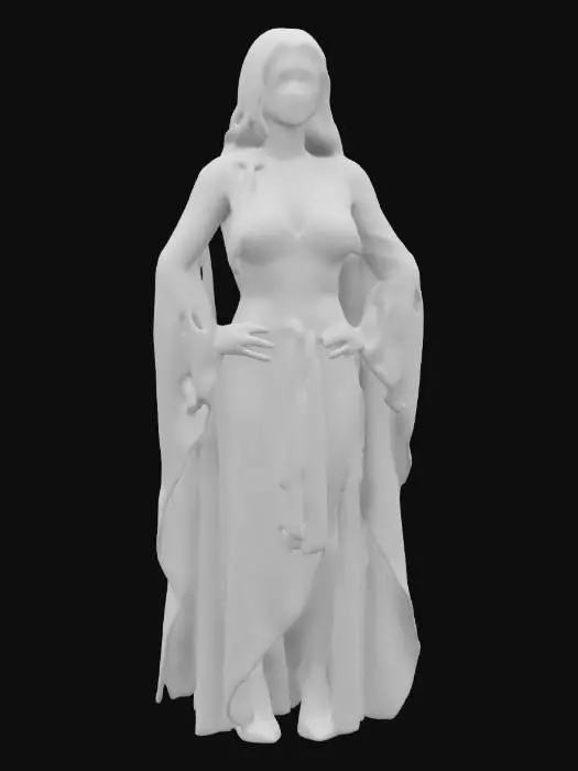 3D model for sci-fi female seer, elegant and beautiful body, dressed in a simple flowing robe, arms around body or on hips or resting on torso, styled hair, detailed face of female, extremely detailed high-resolution texture, epic god stance, #game figure#