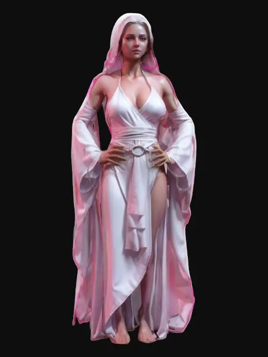 3D model for sci-fi female seer, elegant and beautiful body, dressed in a simple flowing robe, arms around body or on hips or resting on torso, styled hair, detailed face of female, extremely detailed high-resolution texture, epic god stance, #game figure#