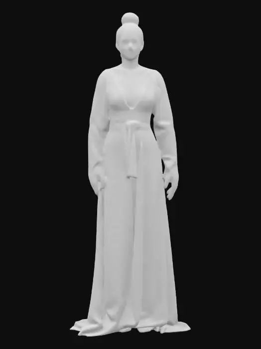 3D model for sci-fi female seer, elegant and beautiful body, dressed in a simple flowing robe, arms around body or on hips or resting on torso, styled hair, detailed face of female, extremely detailed high-resolution texture, epic god stance, #game figure#