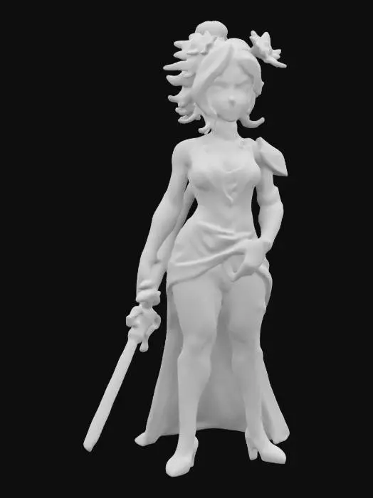 3D model for fantasy young female from street, slim and elegant body, modern comfortable clothing, hands along the body or on the hip, detailed pretty face, groomed hair with decoration, extremely details, high resolution texture, epic stance, #game figure#