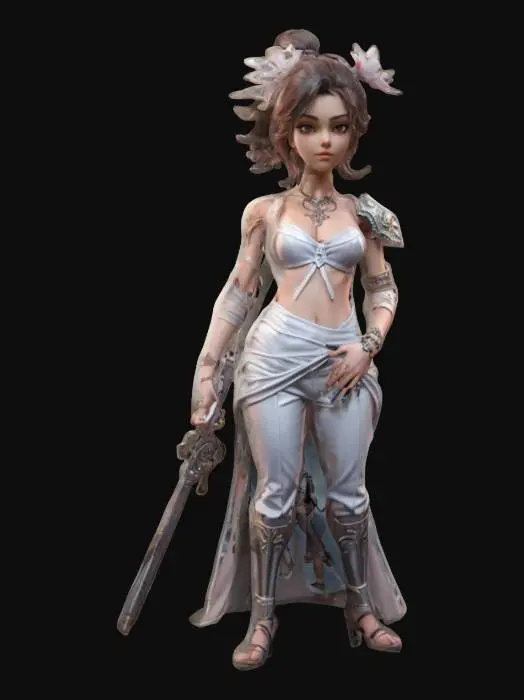 3D model for fantasy young female from street, slim and elegant body, modern comfortable clothing, hands along the body or on the hip, detailed pretty face, groomed hair with decoration, extremely details, high resolution texture, epic stance, #game figure#