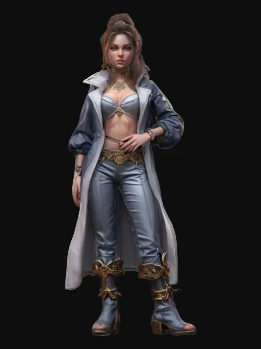 3D model for fantasy young female from street, slim and elegant body, modern comfortable clothing, hands along the body or on the hip, detailed pretty face, groomed hair with decoration, extremely details, high resolution texture, epic stance, #game figure#