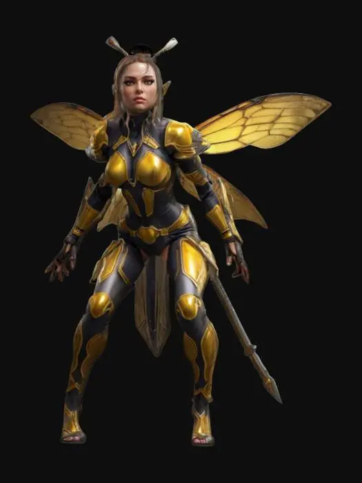 3D model for fantasy female warrior, elegant slim body, dressed in a wasp-like costume, beautiful detailed face, crouched stance, neat pinned hair, extremely detailed, high resolution texture, epic stance, #game figure#