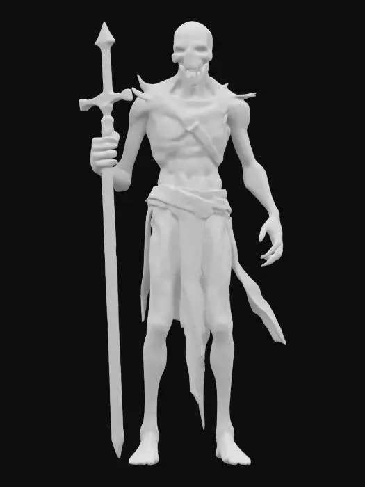 3D model for fantasy undead warrior, thin elegant body, torn elegant clothing, holding a cutting or firing weapon, terrifying detailed face, extremely details, high resolution texture, epic stance, #game figure#