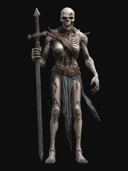 3D model for fantasy undead warrior, thin elegant body, torn elegant clothing, holding a cutting or firing weapon, terrifying detailed face, extremely details, high resolution texture, epic stance, #game figure#