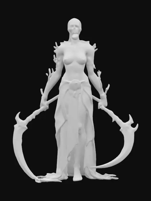 3D model for fantasy undead warrior, thin elegant body, torn elegant clothing, holding a cutting or firing weapon, terrifying detailed face, extremely details, high resolution texture, epic stance, #game figure#