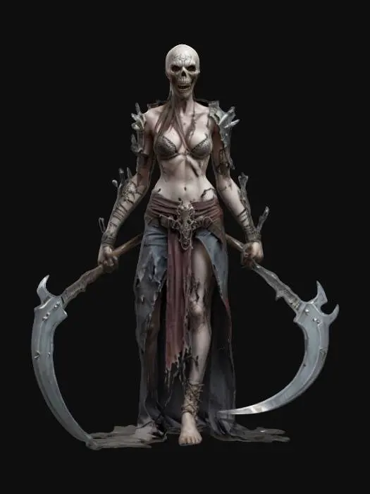 3D model for fantasy undead warrior, thin elegant body, torn elegant clothing, holding a cutting or firing weapon, terrifying detailed face, extremely details, high resolution texture, epic stance, #game figure#