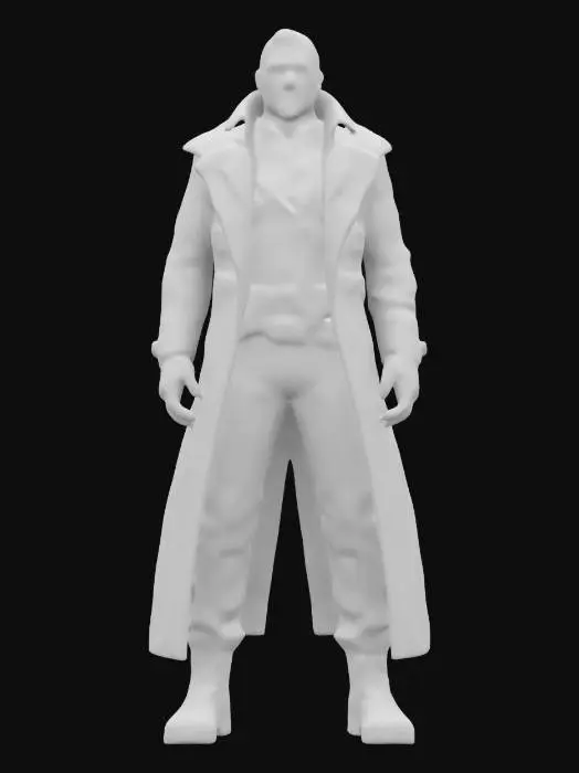 3D model for futuristic cyberpunk antihero, tall and well-built body, elegant clothing with a long coat, detailed masculine face, short-cut hair, overall mafia look, extremely detailed high-resolution texture, epic stance, #game figure#
