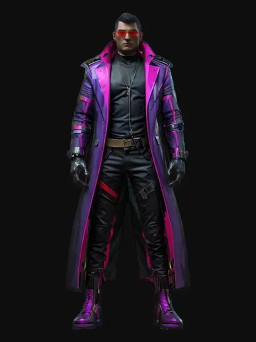 3D model for futuristic cyberpunk antihero, tall and well-built body, elegant clothing with a long coat, detailed masculine face, short-cut hair, overall mafia look, extremely detailed high-resolution texture, epic stance, #game figure#