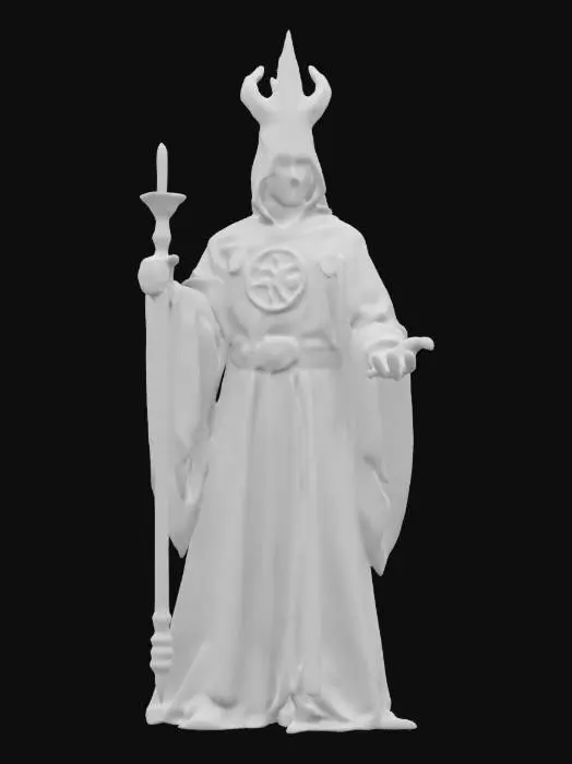 3D model for sci-fi futuristic heretic figure, tall and powerful body, robe resembling an elegant priestly robe, satanic symbols on the clothing, detailed dark face, holding heretical symbols in his hand, extremely detailed, high resolution texture, epic stance, #game figure#