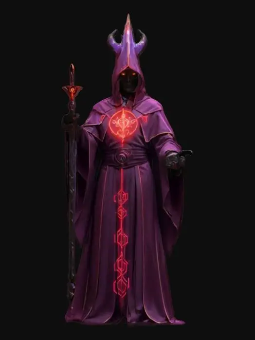 3D model for sci-fi futuristic heretic figure, tall and powerful body, robe resembling an elegant priestly robe, satanic symbols on the clothing, detailed dark face, holding heretical symbols in his hand, extremely detailed, high resolution texture, epic stance, #game figure#