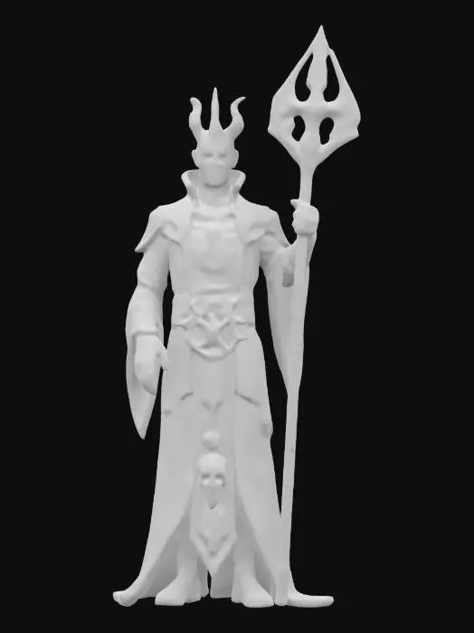 3D model for sci-fi futuristic heretic figure, tall and powerful body, robe resembling an elegant priestly robe, satanic symbols on the clothing, detailed dark face, holding heretical symbols in his hand, extremely detailed, high resolution texture, epic stance, #game figure#