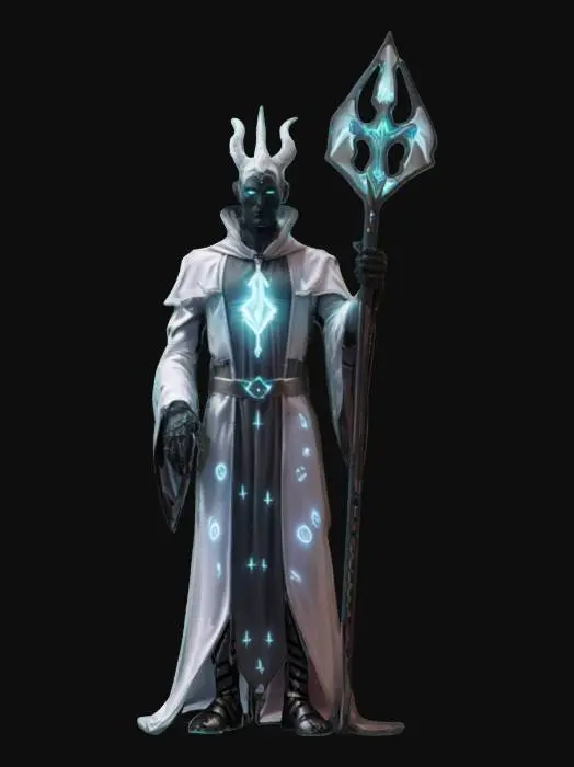 3D model for sci-fi futuristic heretic figure, tall and powerful body, robe resembling an elegant priestly robe, satanic symbols on the clothing, detailed dark face, holding heretical symbols in his hand, extremely detailed, high resolution texture, epic stance, #game figure#