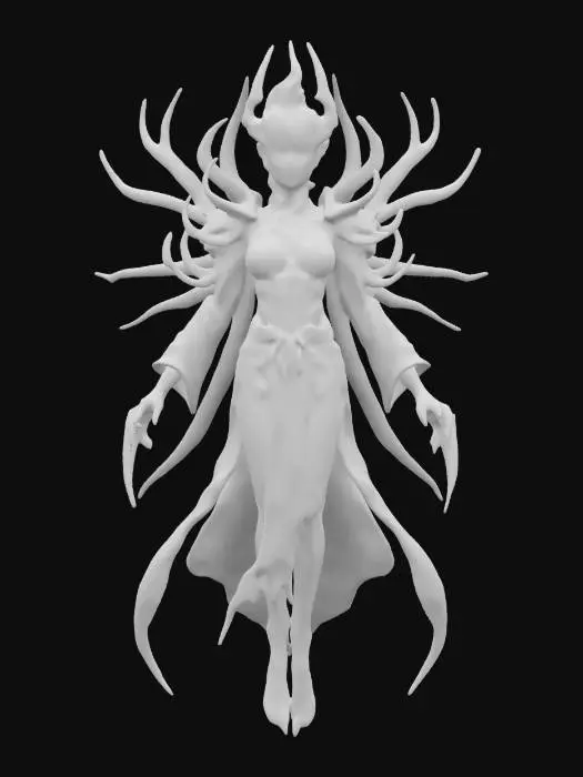3D model for fantasy female monster, slim elegant body with lots of spines, body floating in the air, flowing robe with glowing symbols, long slender arms ending in claws and a long blade, extremely detailed beautiful face, neat short hair, extremely detailed, high resolution texture, epic stance, #game figure#