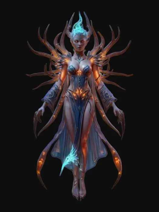 3D model for fantasy female monster, slim elegant body with lots of spines, body floating in the air, flowing robe with glowing symbols, long slender arms ending in claws and a long blade, extremely detailed beautiful face, neat short hair, extremely detailed, high resolution texture, epic stance, #game figure#