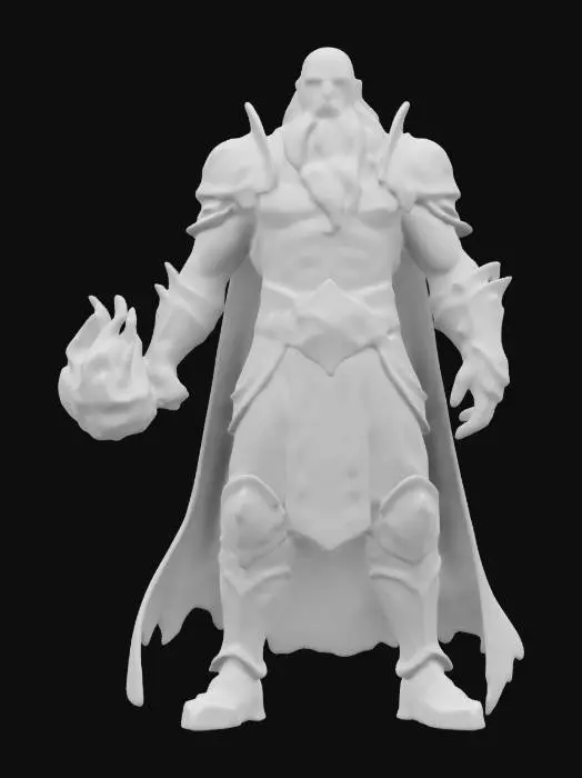 3D model for fantasy fireball wizard, massive muscular body, body is covered in combat armor with symbols, holds a fiery fireball in his hand, the whole figure is illuminated by the fireball, detailed gloomy face, extremely detailed, high resolution texture, epic stance, #game figure#