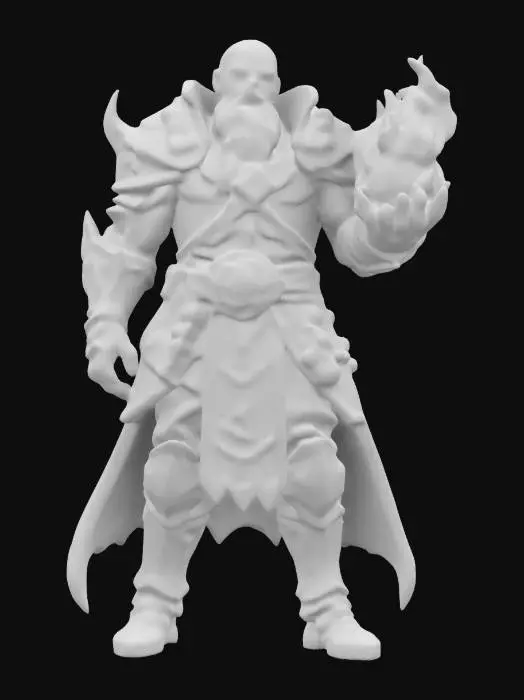 3D model for fantasy fireball wizard, massive muscular body, body is covered in combat armor with symbols, holds a fiery fireball in his hand, the whole figure is illuminated by the fireball, detailed gloomy face, extremely detailed, high resolution texture, epic stance, #game figure#