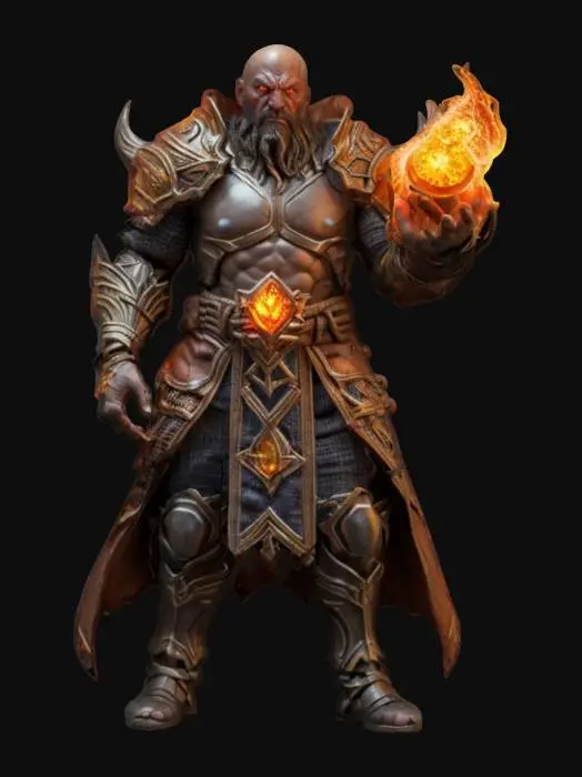 3D model for fantasy fireball wizard, massive muscular body, body is covered in combat armor with symbols, holds a fiery fireball in his hand, the whole figure is illuminated by the fireball, detailed gloomy face, extremely detailed, high resolution texture, epic stance, #game figure#