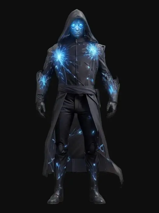3D model for virtual magician, body composed of elemental particles, particles shoot out of the body, technical elegant clothing, hard machine face, monumental stance, extremely detailed, high resolution texture, epic stance, #game figure#