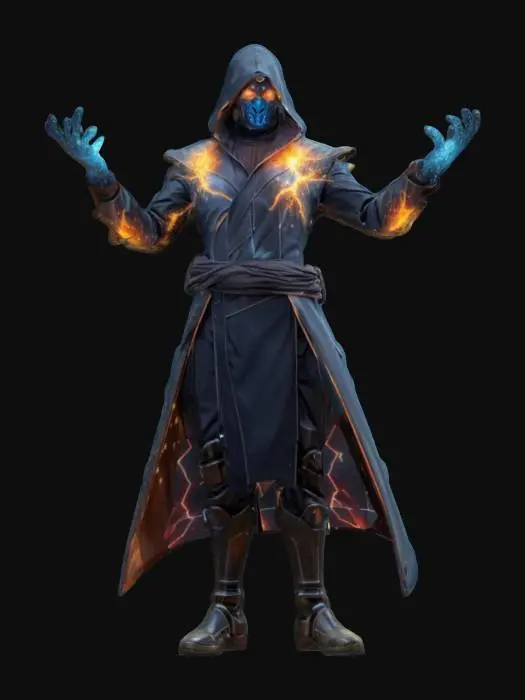 3D model for virtual magician, body composed of elemental particles, particles shoot out of the body, technical elegant clothing, hard machine face, monumental stance, extremely detailed, high resolution texture, epic stance, #game figure#