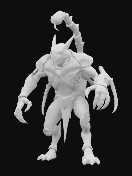 3D model for fantasy monster scorpion warrior, massive body covered with chitin armor, long limbs ending in a sharp blade, menacing appearance, detailed head with large mandibles, in attack, extremely detailed, high resolution texture, epic stance, #game figure#