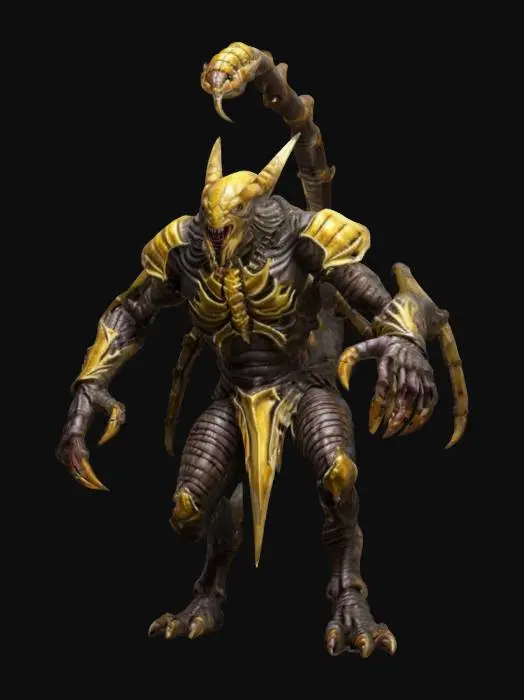 3D model for fantasy monster scorpion warrior, massive body covered with chitin armor, long limbs ending in a sharp blade, menacing appearance, detailed head with large mandibles, in attack, extremely detailed, high resolution texture, epic stance, #game figure#