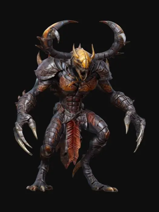 3D model for fantasy monster scorpion warrior, massive body covered with chitin armor, long limbs ending in a sharp blade, menacing appearance, detailed head with large mandibles, in attack, extremely detailed, high resolution texture, epic stance, #game figure#