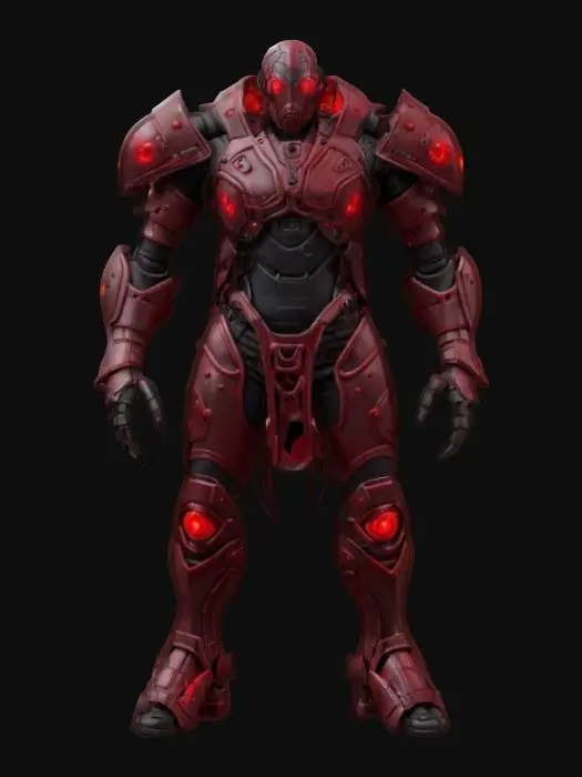 3D model for futuristic bioorganic armored mechanic, entire body covered in armor made of individual small plates with holes for relief, massive hands around the body or holding a futuristic weapon, artificial detailed face, extremely detailed, high resolution texture, epic stance, #game figure#