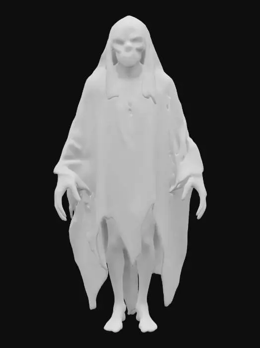 3D model for fantasy night ghost, massive body floating in the air, robes fluttering in the wind, elongated head with large teeth, human scary eyes, detailed face, extremely detailed, high resolution texture, epic stance, #game figure#