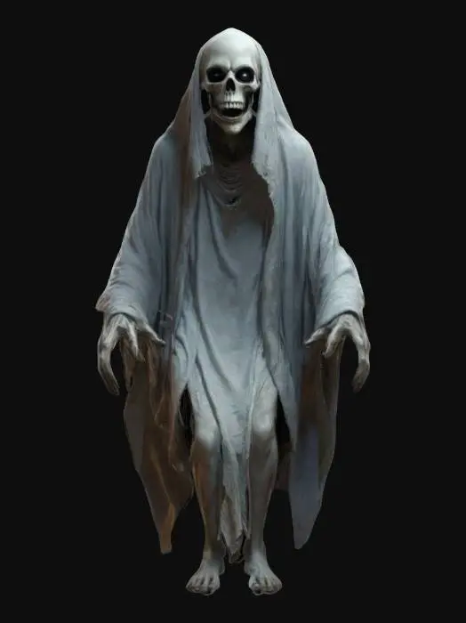 3D model for fantasy night ghost, massive body floating in the air, robes fluttering in the wind, elongated head with large teeth, human scary eyes, detailed face, extremely detailed, high resolution texture, epic stance, #game figure#