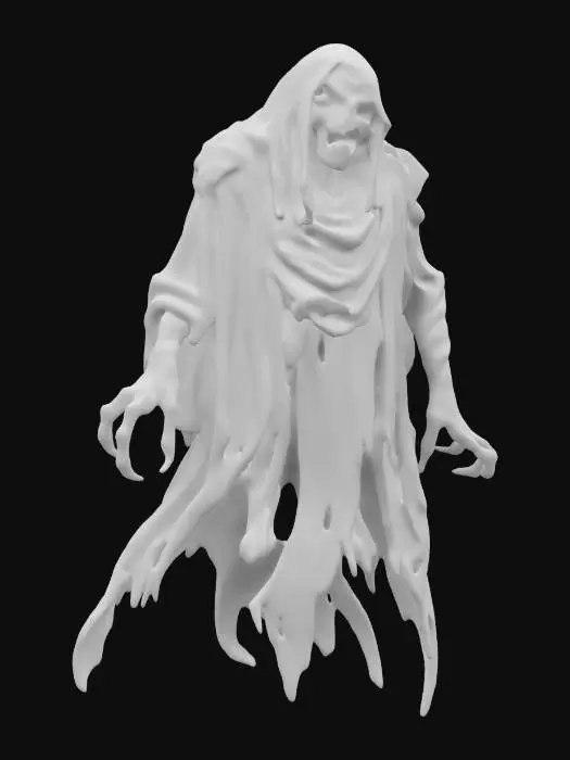 3D model for fantasy night ghost, massive body floating in the air, robes fluttering in the wind, elongated head with large teeth, human scary eyes, detailed face, extremely detailed, high resolution texture, epic stance, #game figure#