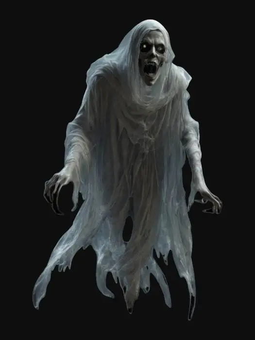 3D model for fantasy night ghost, massive body floating in the air, robes fluttering in the wind, elongated head with large teeth, human scary eyes, detailed face, extremely detailed, high resolution texture, epic stance, #game figure#