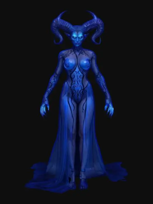 3D model for fantasy female demon, elegant gorgeous body, scary long arms with long fingers, dressed in a gorgeous magical robe, the whole body is covered with neon glowing elements, terrifying beautiful detailed face, extremely detailed, high resolution texture, epic stance, #game figure#
