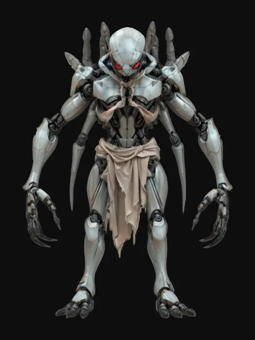 3D model for sci-fi fantasy robotic spider humanoid creature, spider body and humanoid like structure, terrifying expression, spider in attack, clawed limbs, covered in torn clothes, extremely details, high resolution texture, epic stance, #game figure#