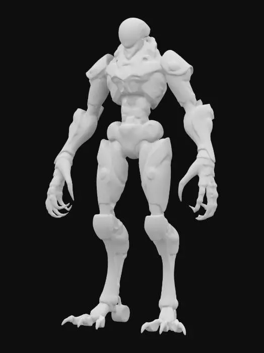 3D model for sci-fi machine warrior, body of elegant solid construction, several limbs capable of grasping objects, technological tentacles on the back of the body, body covered in silk plastic-metal radiating vibrant color, small head with glowing eyes, extremely details, high resolution texture, epic stance, #game figure#