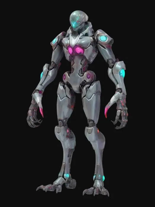3D model for sci-fi machine warrior, body of elegant solid construction, several limbs capable of grasping objects, technological tentacles on the back of the body, body covered in silk plastic-metal radiating vibrant color, small head with glowing eyes, extremely details, high resolution texture, epic stance, #game figure#