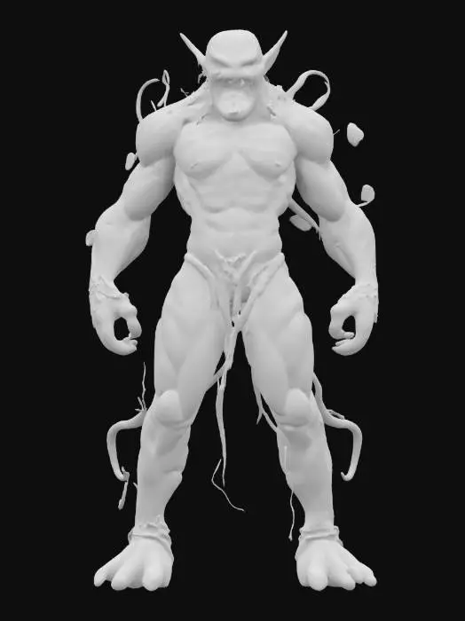 3D model for fantasy humanoid plant elemental warrior, twisted thorny body, long tendrils instead of hands, body covered in thorns and leaves, indistinct face, toothy jaw or otherwise effective mouth, extremely details, high resolution texture, epic stance, #game figure#