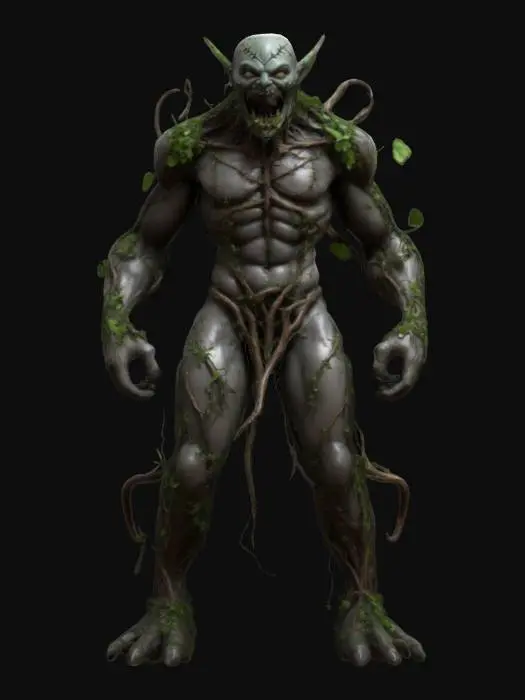 3D model for fantasy humanoid plant elemental warrior, twisted thorny body, long tendrils instead of hands, body covered in thorns and leaves, indistinct face, toothy jaw or otherwise effective mouth, extremely details, high resolution texture, epic stance, #game figure#